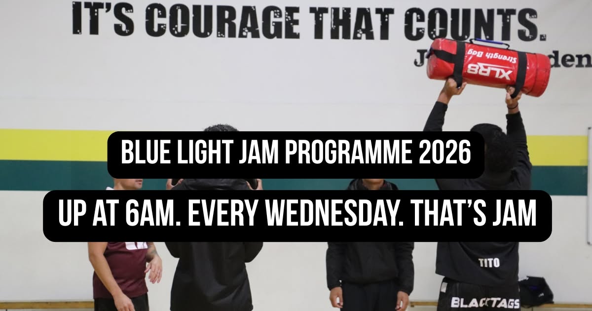 JAM students training in the gym beneath the words It's Courage That Counts