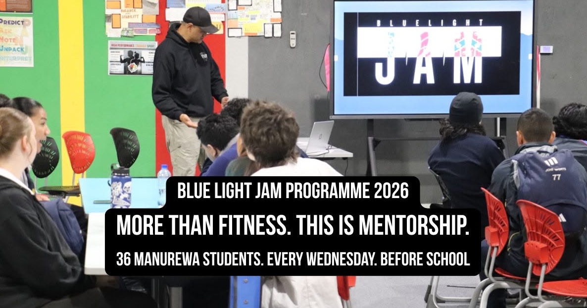 JAM students in a morning mentorship session, with the Bluelight JAM logo on screen