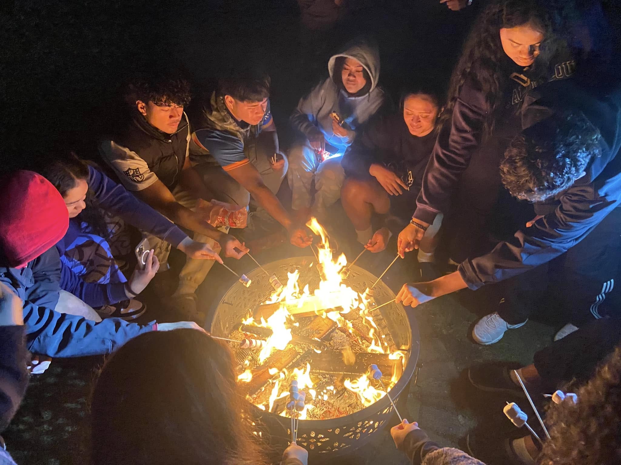 Toasting marshmallows around the campfire at night